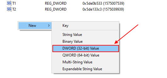 create a new dword (32-bit) value