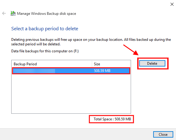 select a backup period to delete