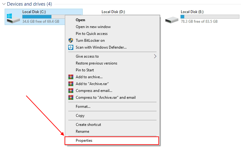 disk properties windows 10