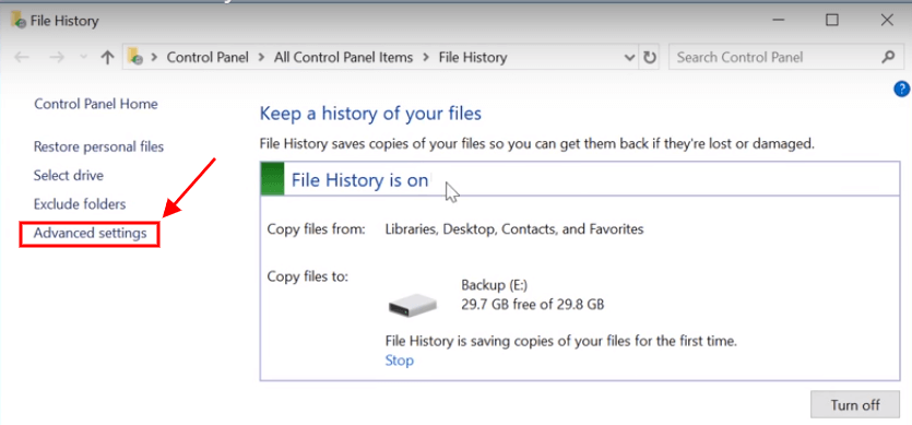 file history advanced settings windows 10