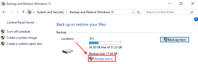 manage backup space windows 10