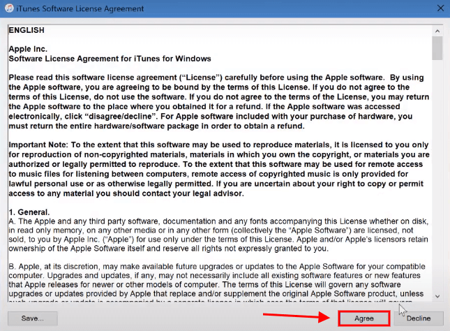 click on agree to itunes software license agreement
