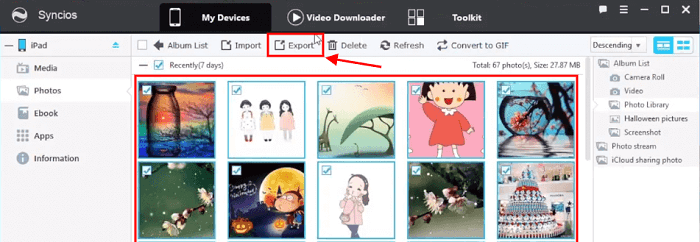 select photos or album to export