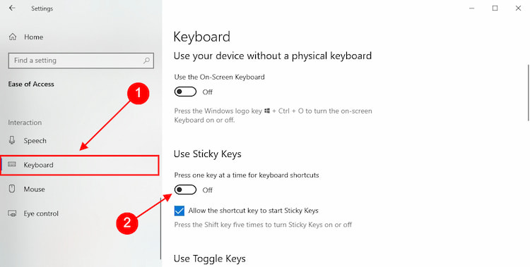 turn off sticky keys windows 10