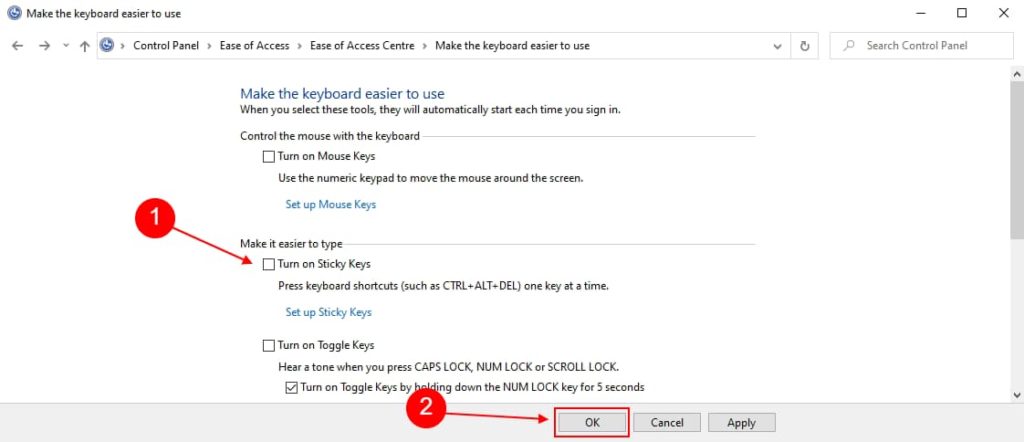 uncheck turn on sticky keys