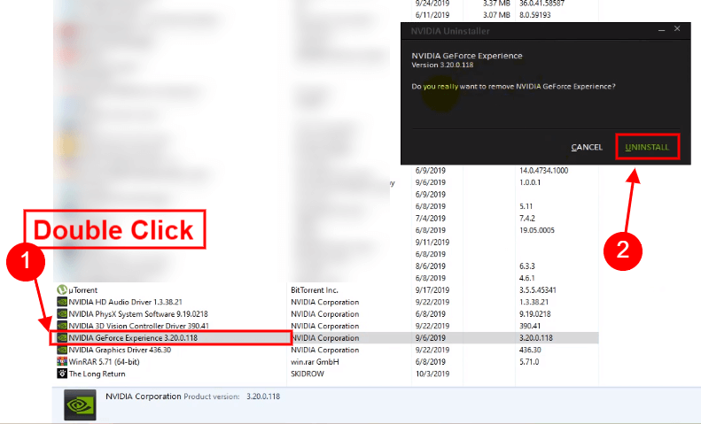 uninstall geforce experience