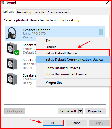windows 10 set default sound device