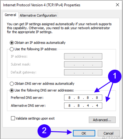 use the following dns server addresses