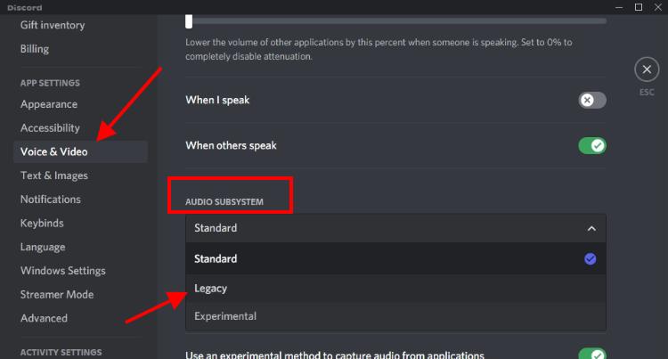 audio subsystem discord standard to legacy