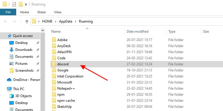 delete discord from roming folder