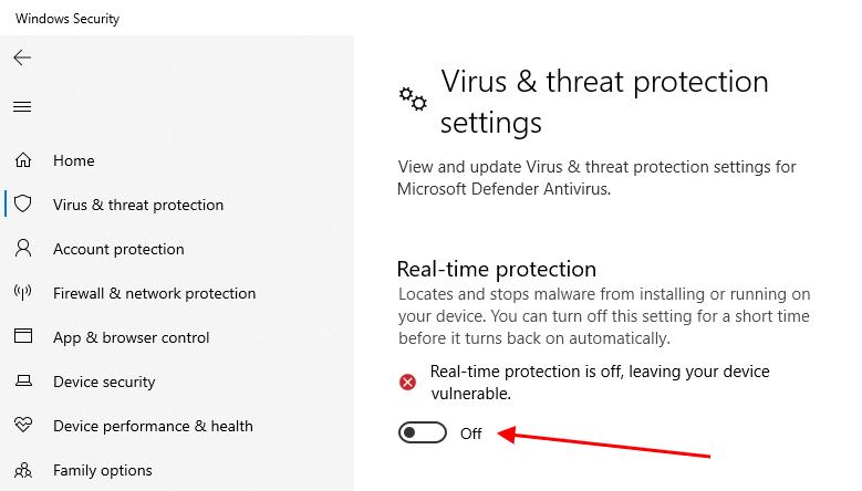 disable real time protection windows 10