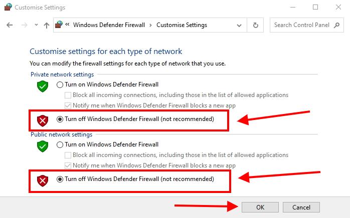 turn off windows defender firewall