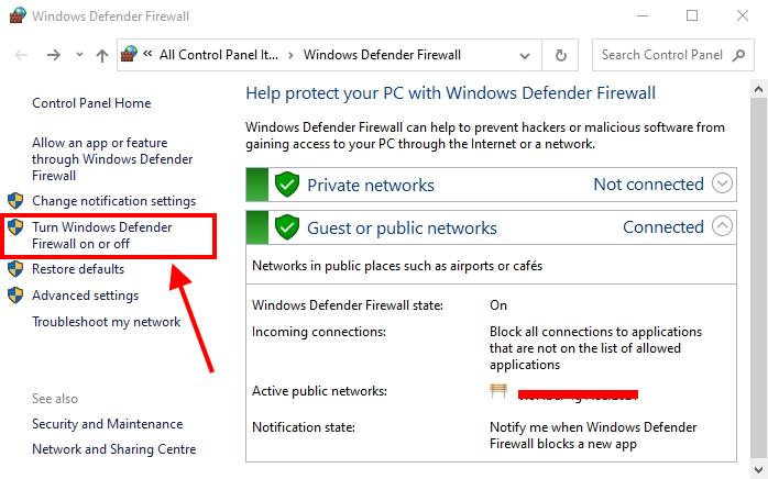 turn windows defender firewall on or off